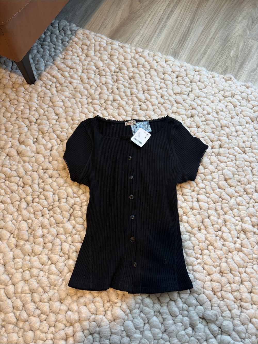 Free People Black Ribbed Button-Front Short Sleeve Top